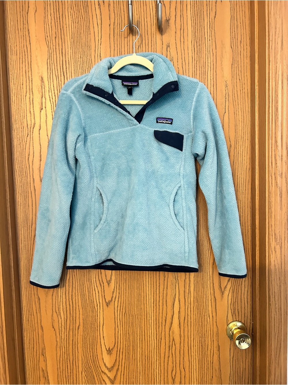 Patagonia Light Blue Fleece Pullover with Navy Trim